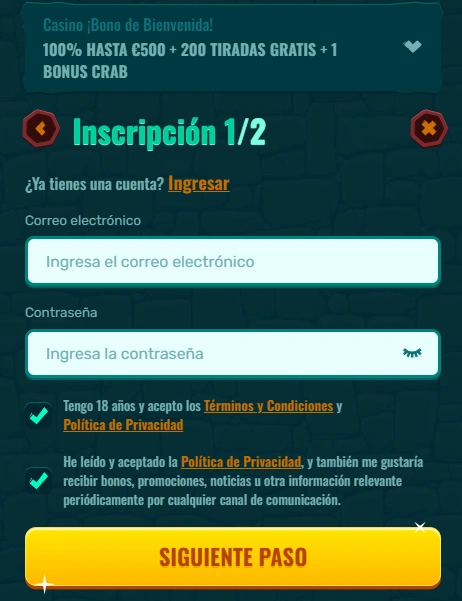 Registro segundo paso en Spinanga Casino